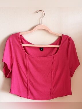 2X Hot Pink Square Neck Crop Top
